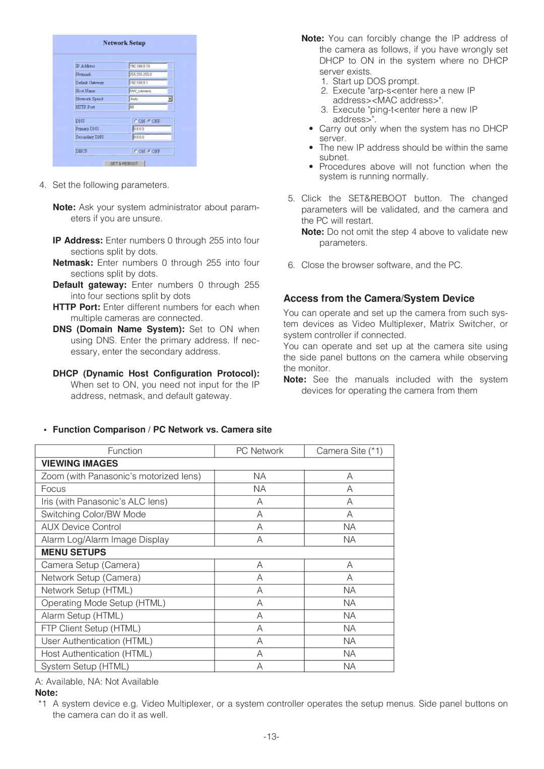 Panasonic WV-NP472 operating instructions Access from the Camera/System Device, DNS Domain Name System Set to on when 