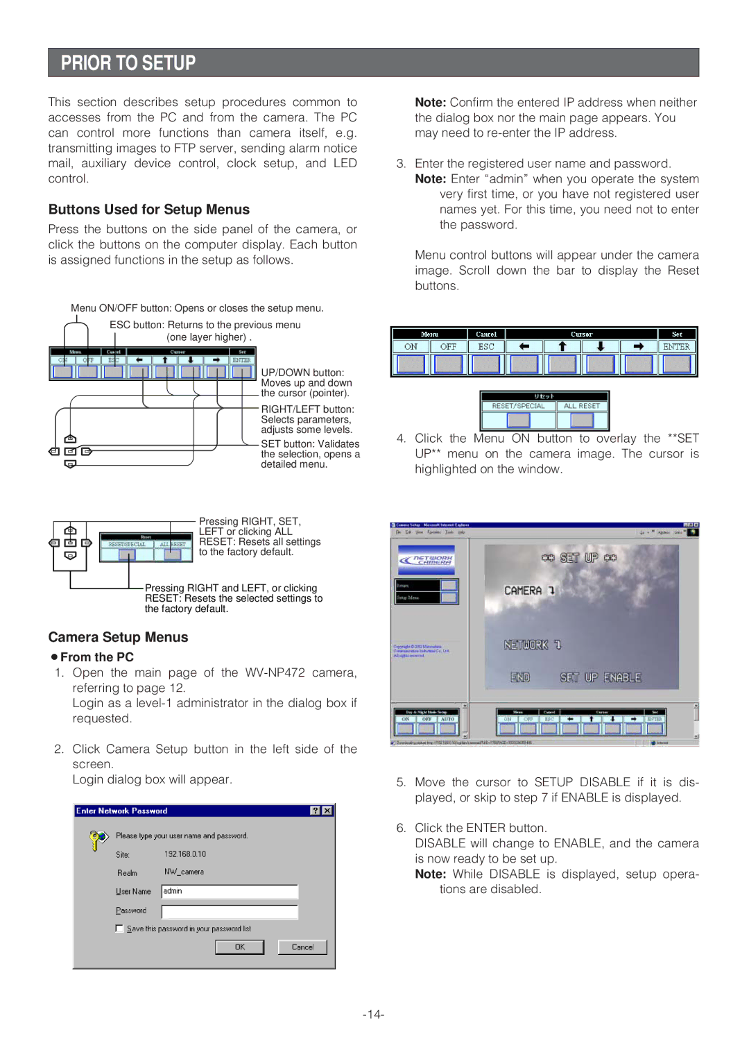 Panasonic WV-NP472 operating instructions Prior to Setup, Buttons Used for Setup Menus, Camera Setup Menus, ¡From the PC 