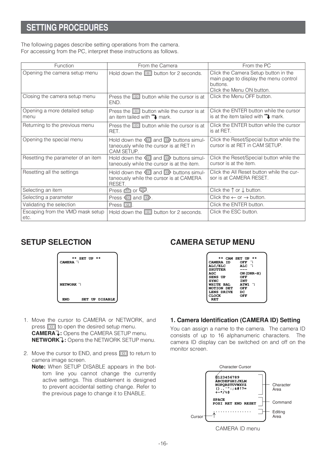 Panasonic WV-NP472 operating instructions Setting Procedures, Camera Identification Camera ID Setting 