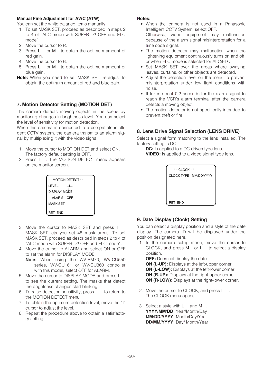 Panasonic WV-NP472 Motion Detector Setting Motion DET, Lens Drive Signal Selection Lens Drive, Date Display Clock Setting 