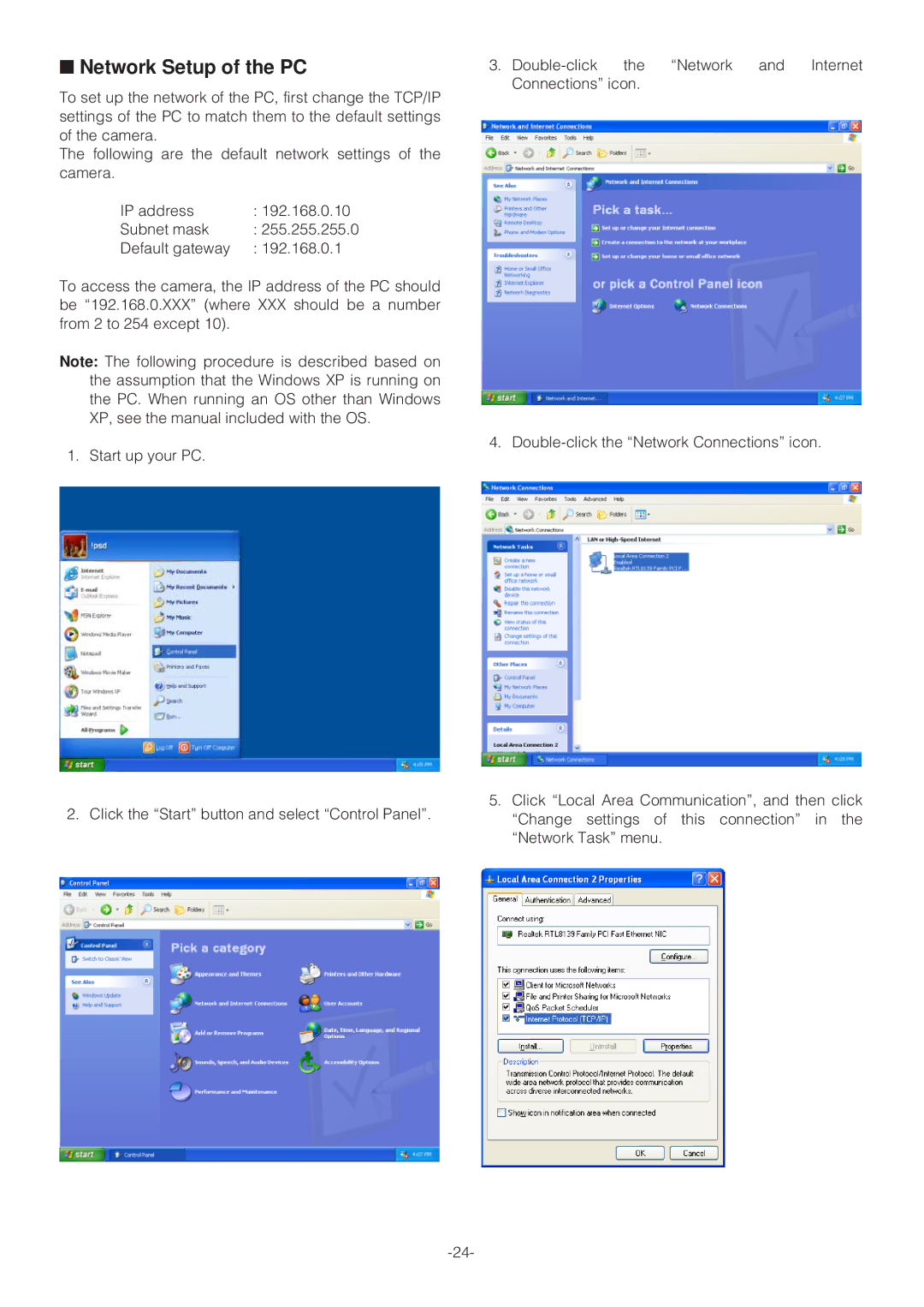 Panasonic WV-NP472 operating instructions Network Setup of the PC 