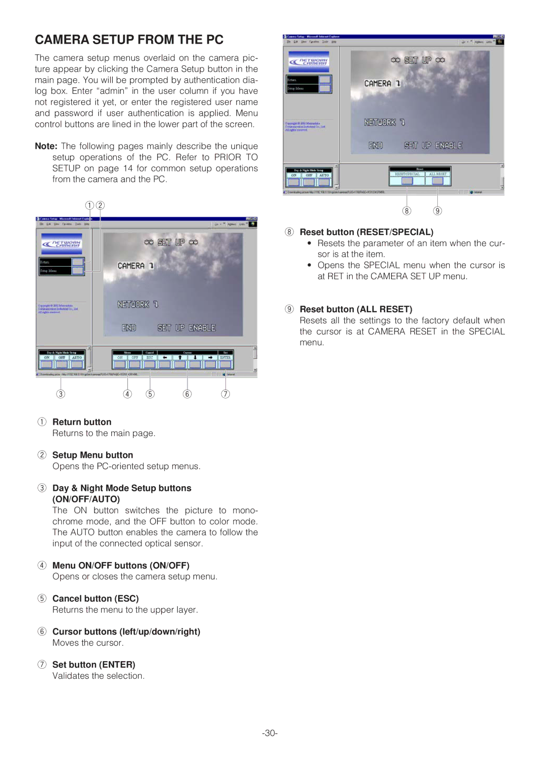 Panasonic WV-NP472 Return button, Setup Menu button, Day & Night Mode Setup buttons ON/OFF/AUTO, Reset button ALL Reset 