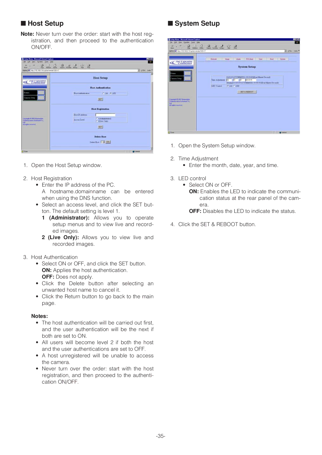 Panasonic WV-NP472 operating instructions Host Setup, System Setup 