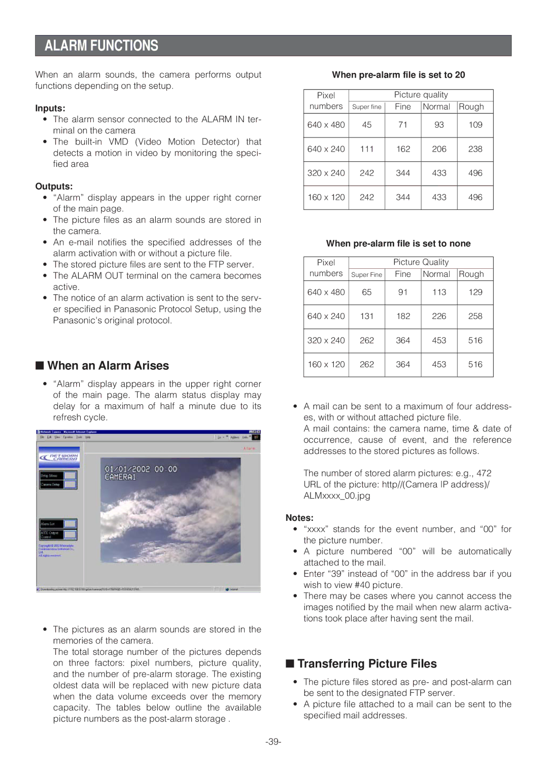 Panasonic WV-NP472 operating instructions Alarm Functions, When an Alarm Arises, Transferring Picture Files 