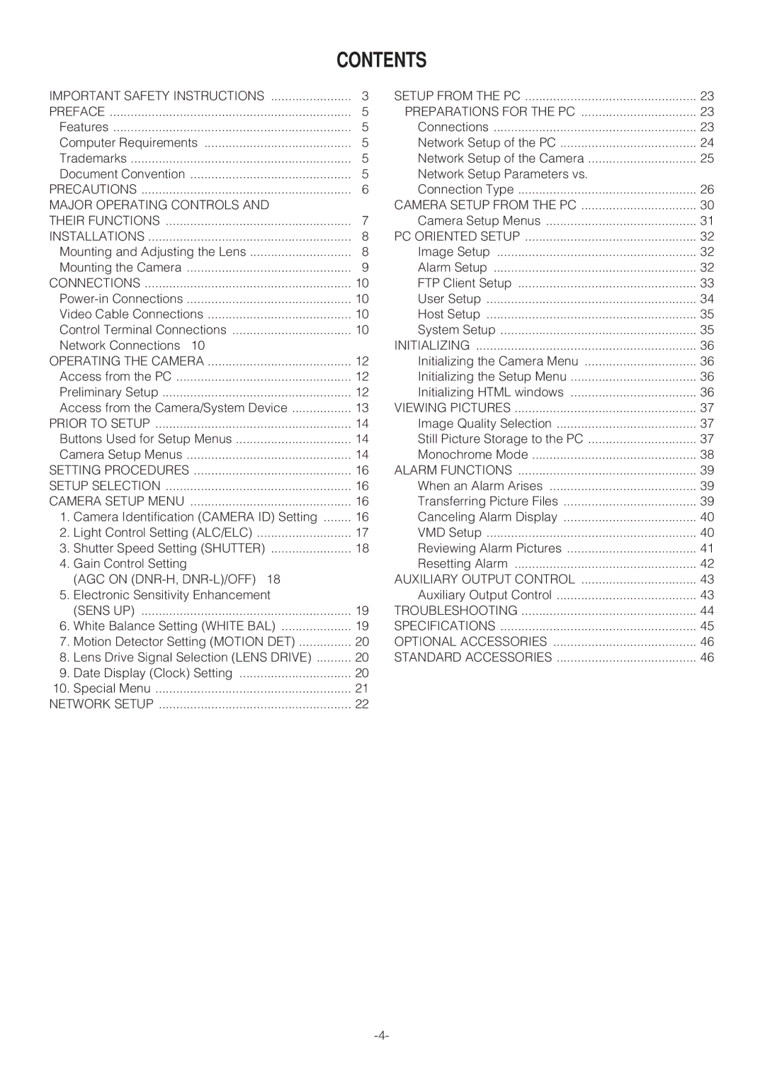 Panasonic WV-NP472 operating instructions Contents 