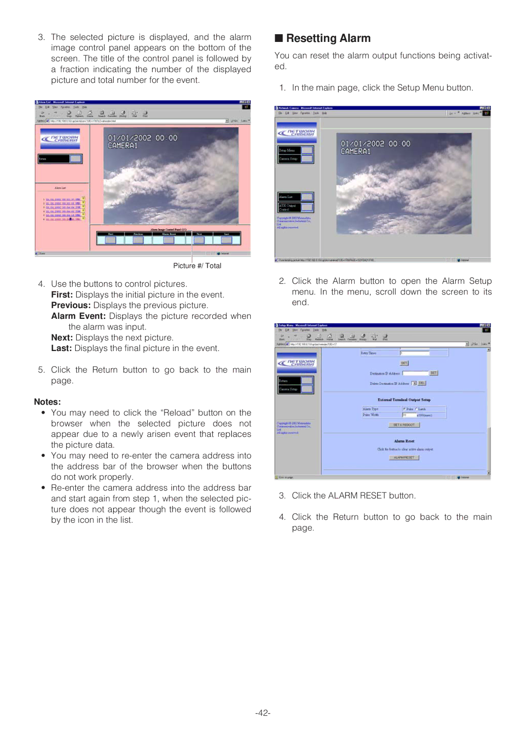 Panasonic WV-NP472 operating instructions Resetting Alarm 