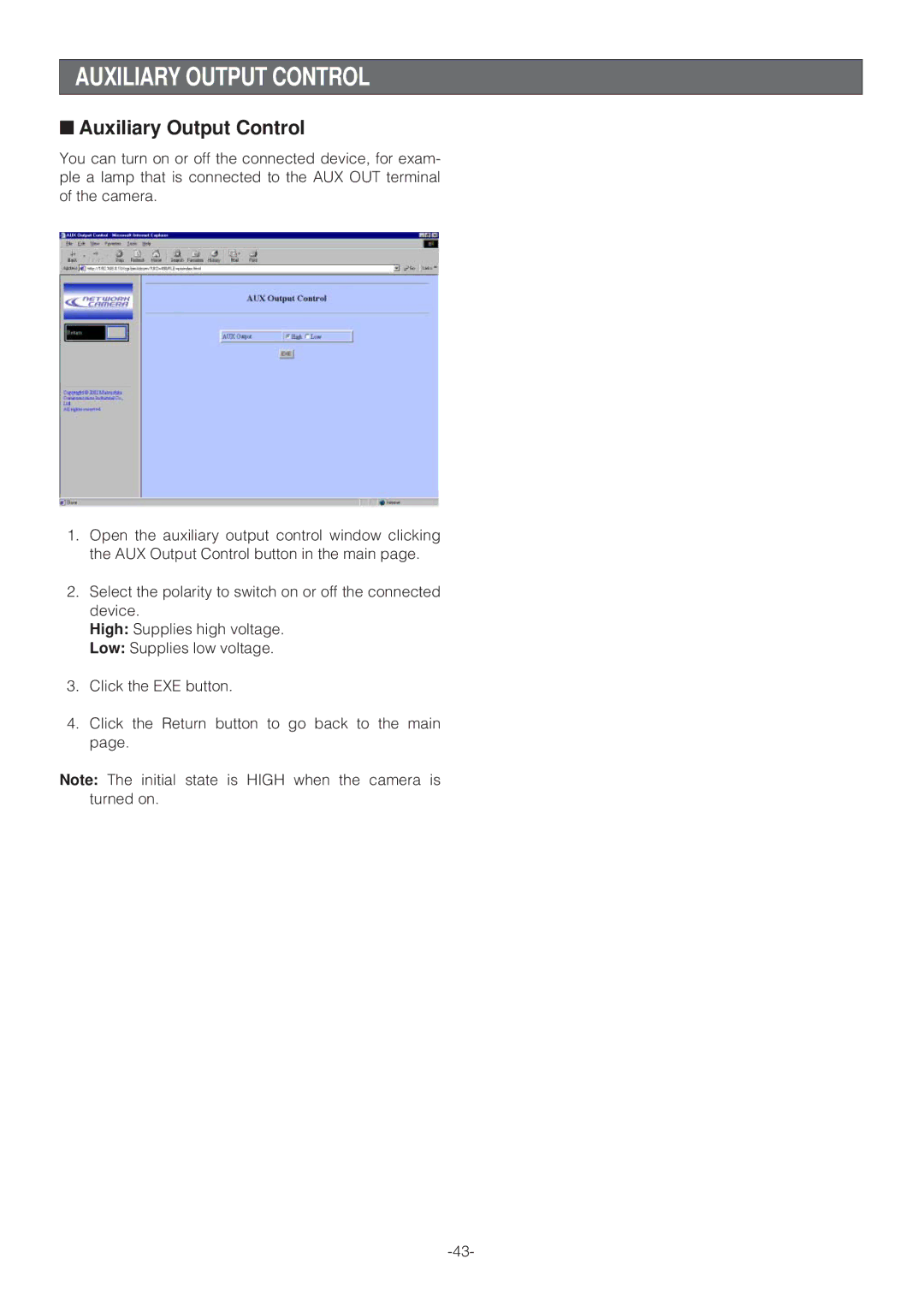 Panasonic WV-NP472 operating instructions Auxiliary Output Control 