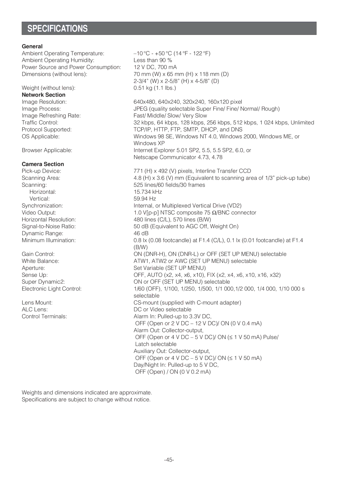 Panasonic WV-NP472 operating instructions Specifications, General, Network Section, Camera Section 