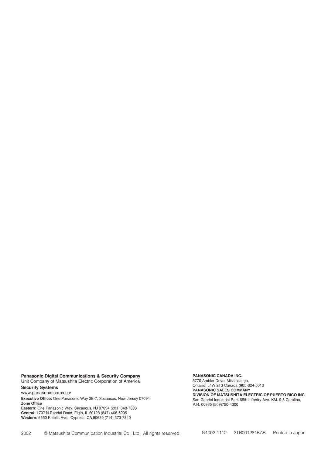 Panasonic WV-NP472 operating instructions Panasonic Digital Communications & Security Company 