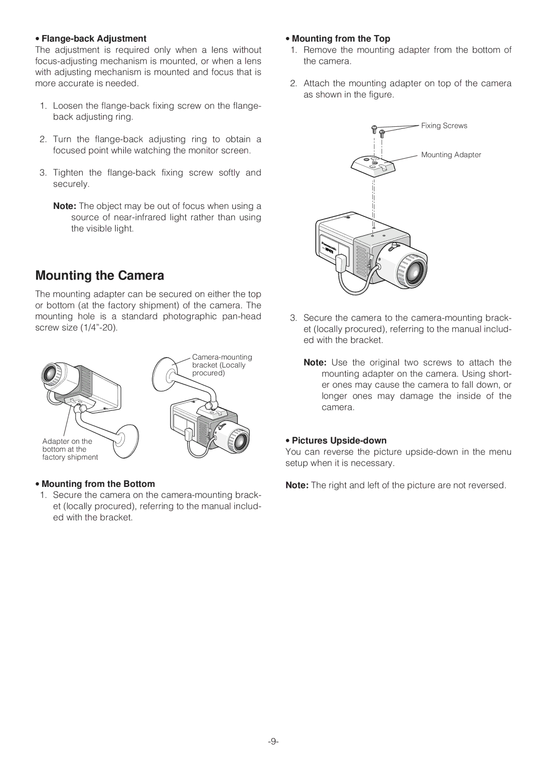 Panasonic WV-NP472 Flange-back Adjustment, Mounting from the Bottom, Mounting from the Top, Pictures Upside-down 