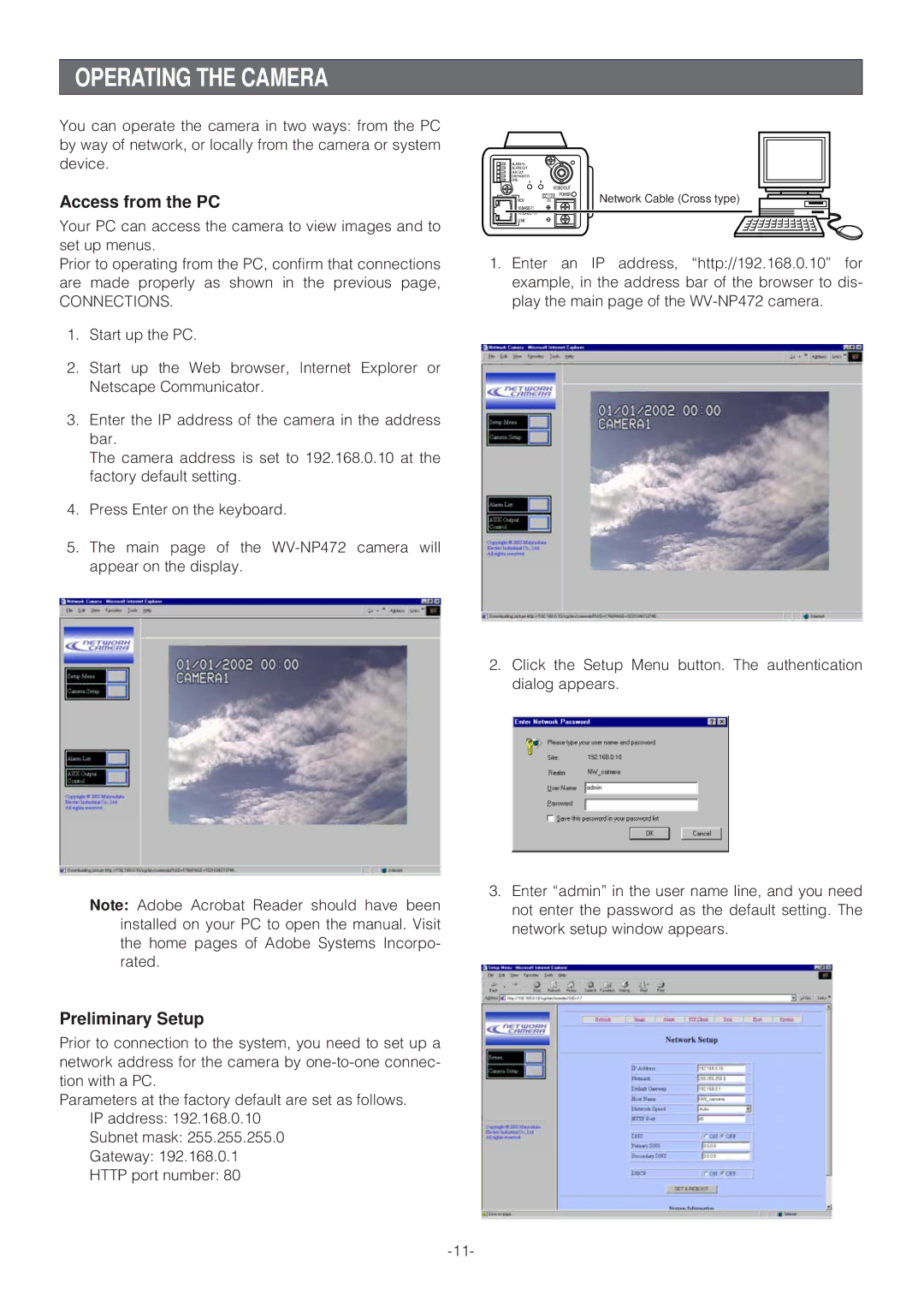 Panasonic WV-NP472E operating instructions Operating the Camera, Access from the PC, Preliminary Setup 