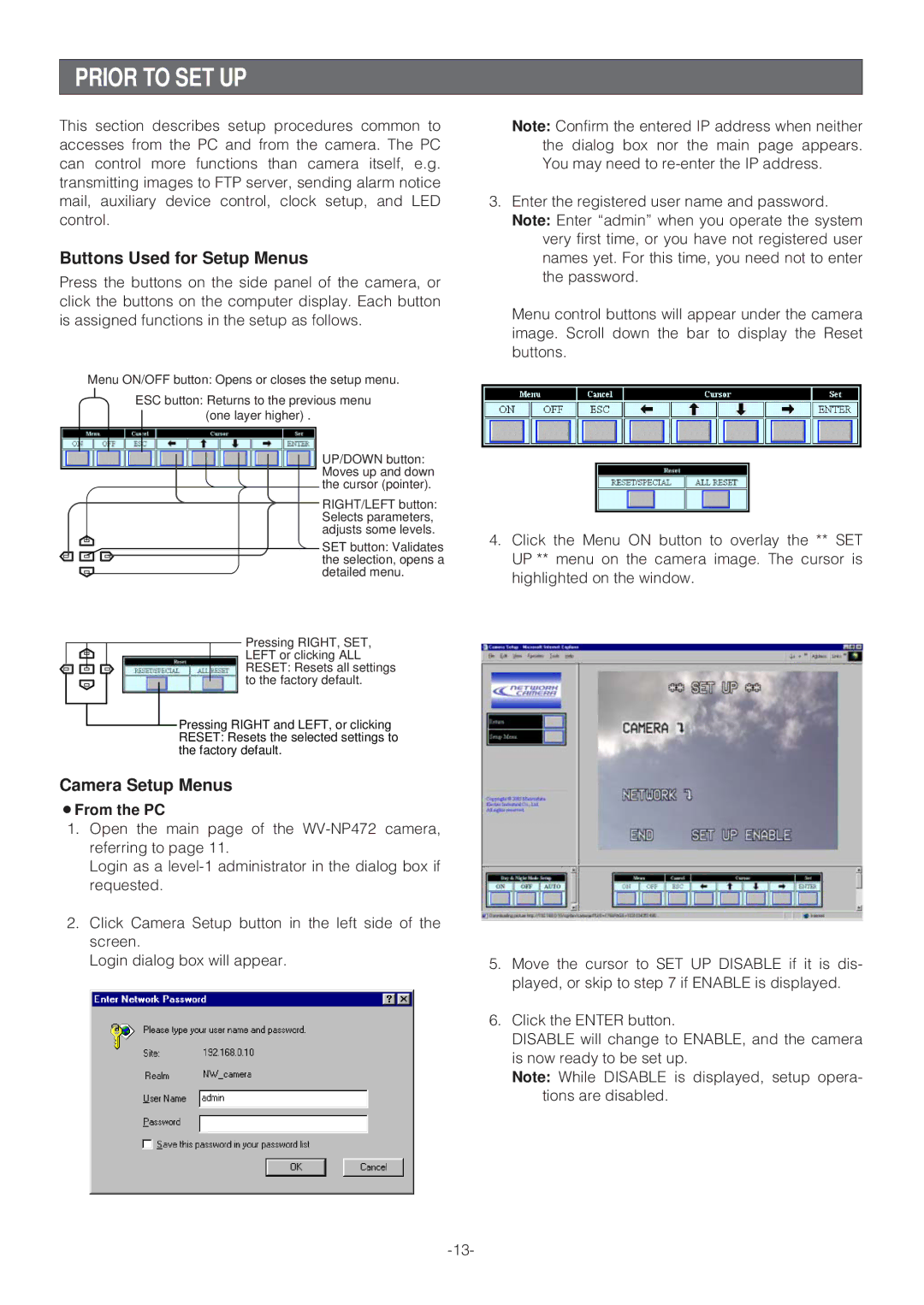 Panasonic WV-NP472E operating instructions Prior to SET UP, Buttons Used for Setup Menus, Camera Setup Menus, ¡From the PC 