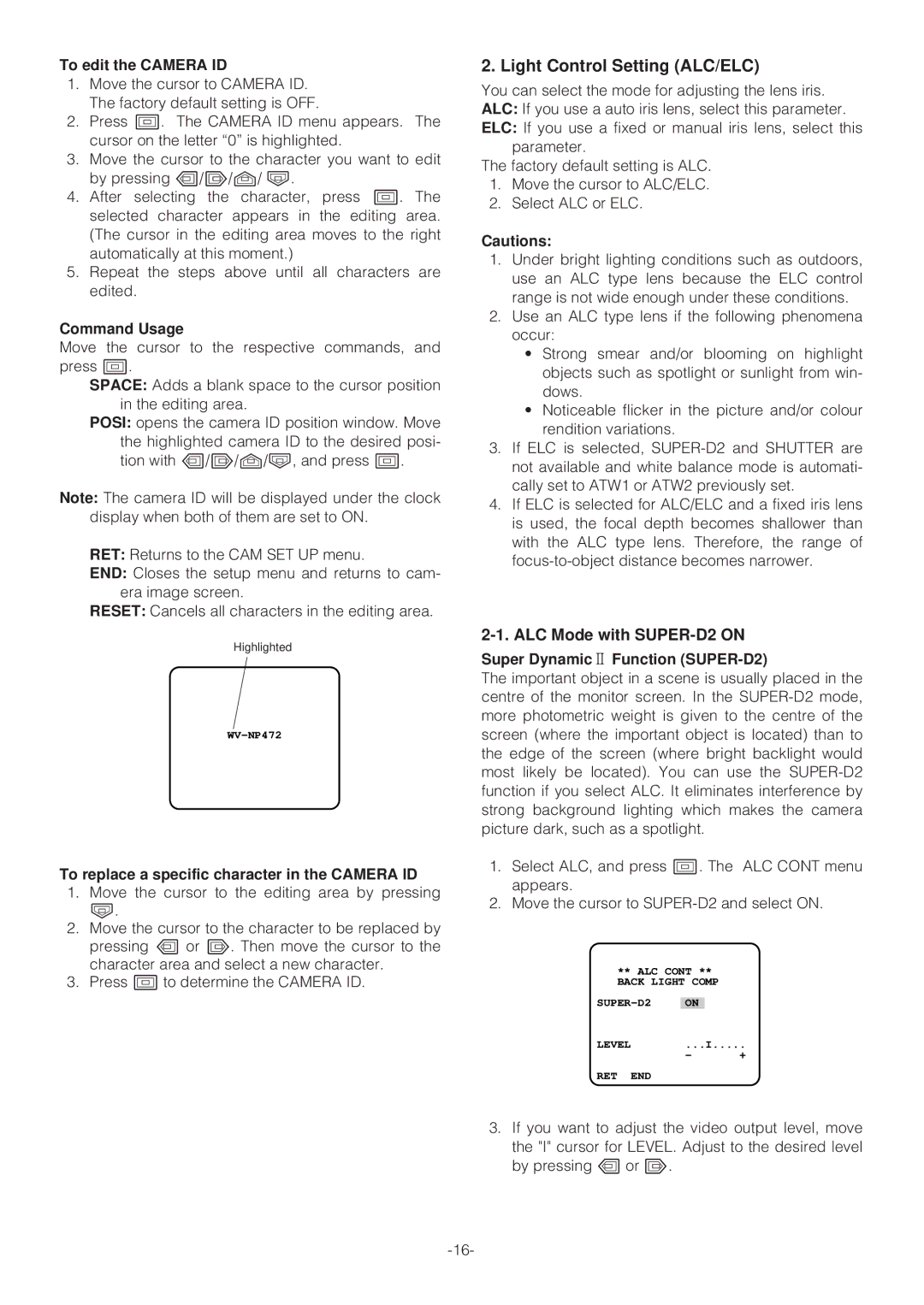 Panasonic WV-NP472E operating instructions Light Control Setting ALC/ELC, ALC Mode with SUPER-D2 on 