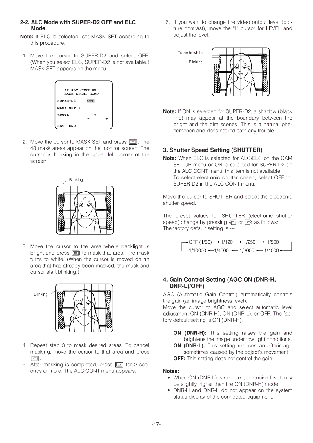 Panasonic WV-NP472E operating instructions Shutter Speed Setting Shutter, Gain Control Setting AGC on DNR-H, DNR-L/OFF 