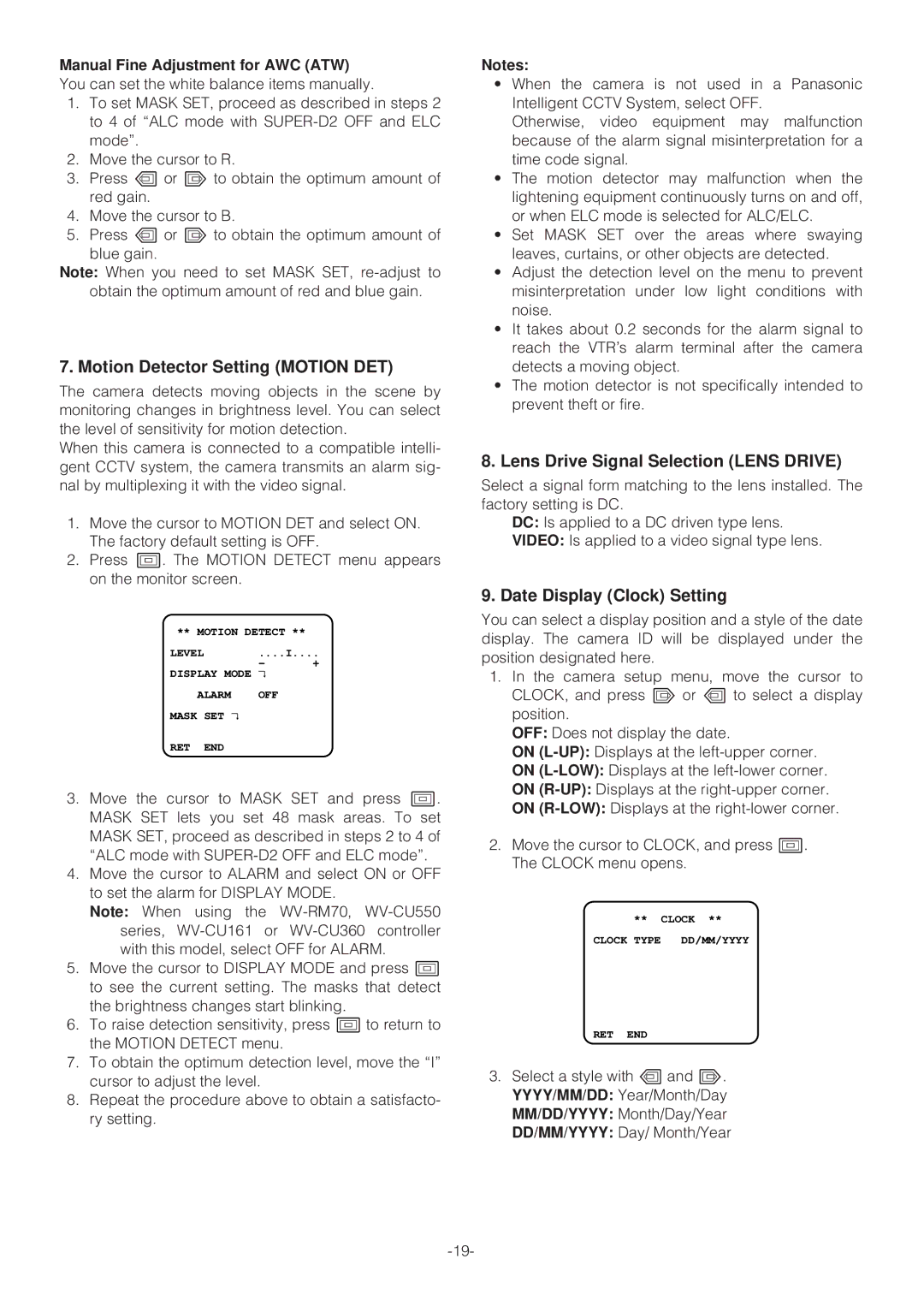 Panasonic WV-NP472E Motion Detector Setting Motion DET, Lens Drive Signal Selection Lens Drive, Date Display Clock Setting 