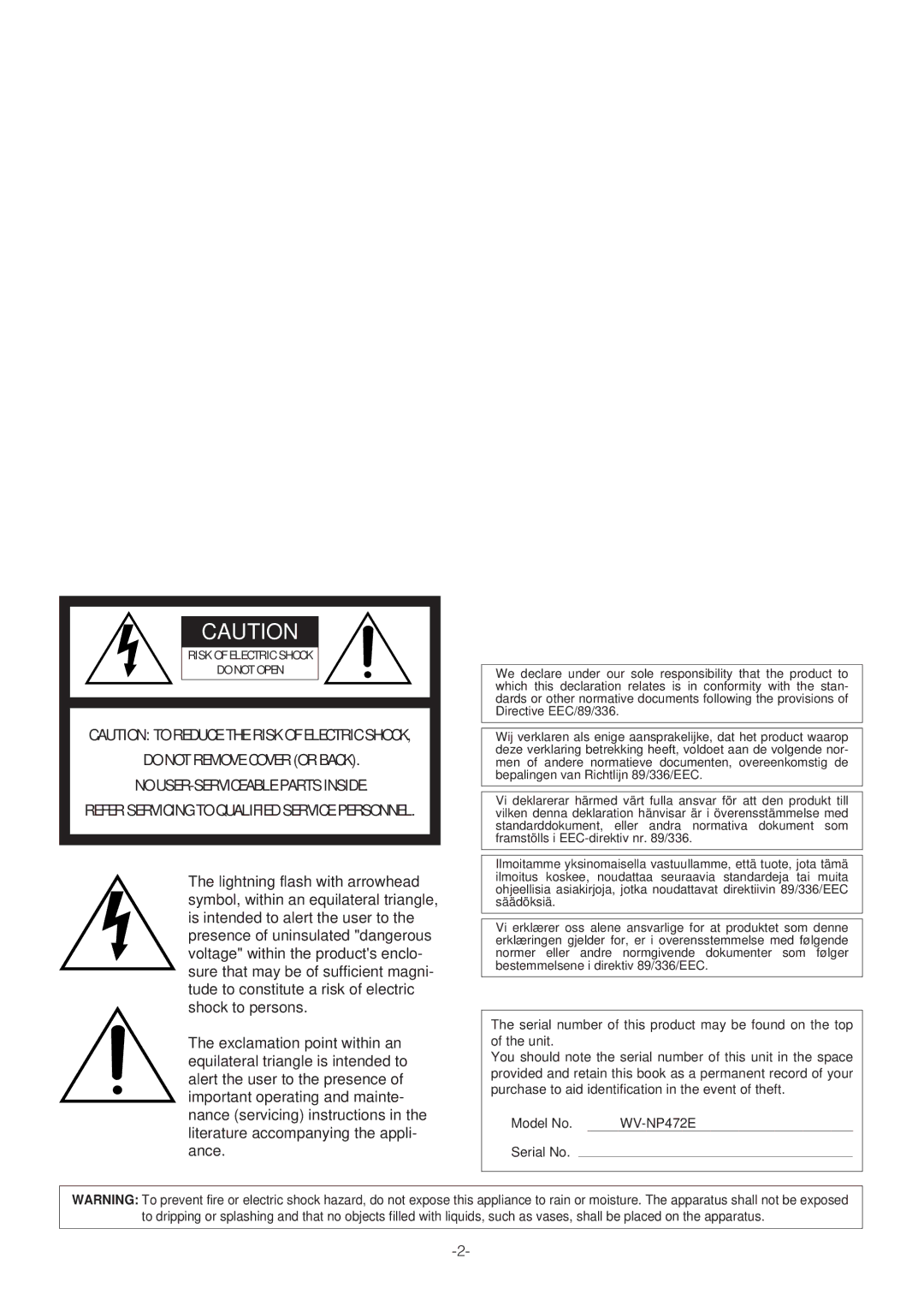 Panasonic WV-NP472E operating instructions Risk of Electric Shock Do not Open 