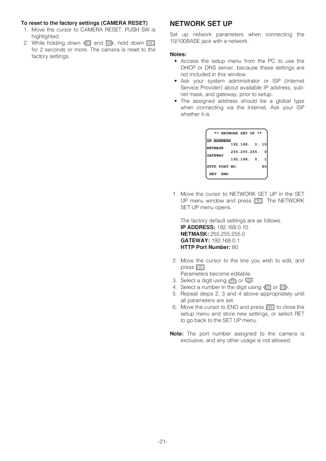 Panasonic WV-NP472E operating instructions To reset to the factory settings Camera Reset, Http Port Number 