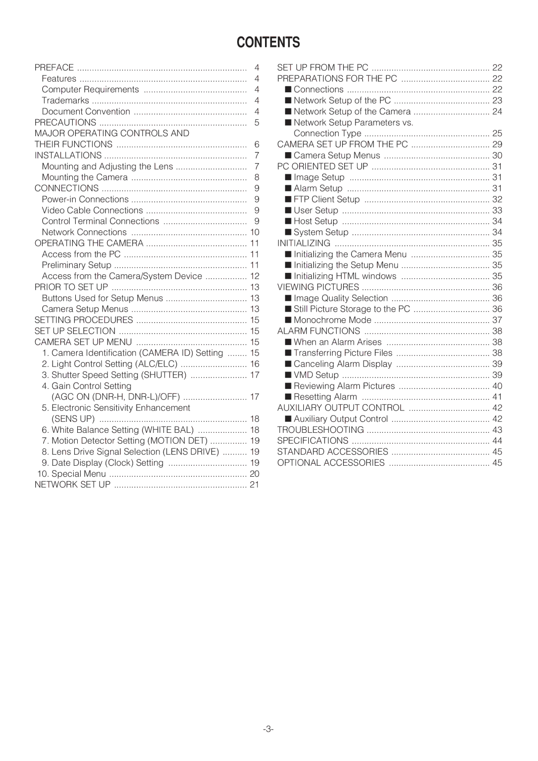 Panasonic WV-NP472E operating instructions Contents 