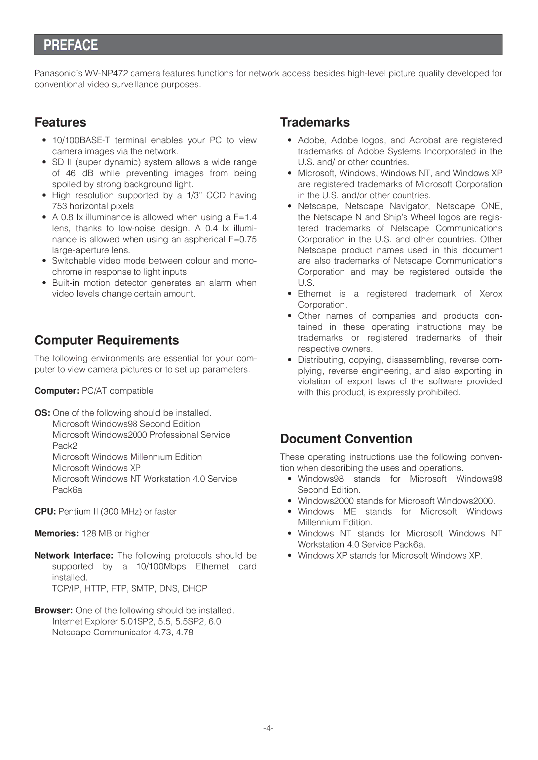 Panasonic WV-NP472E operating instructions Preface, TCP/IP, HTTP, FTP, SMTP, DNS, Dhcp 