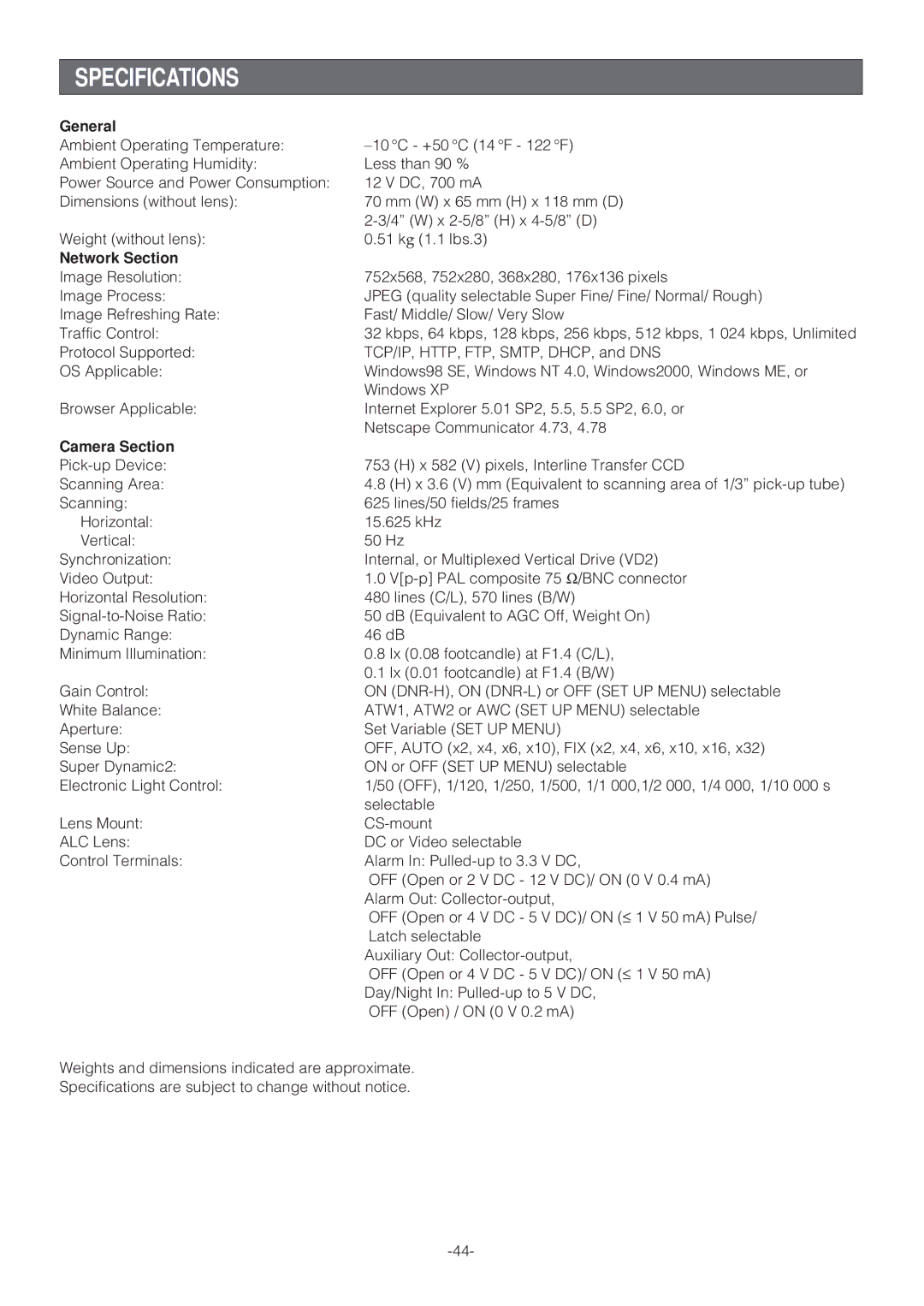 Panasonic WV-NP472E operating instructions Specifications, General, Network Section, Camera Section 