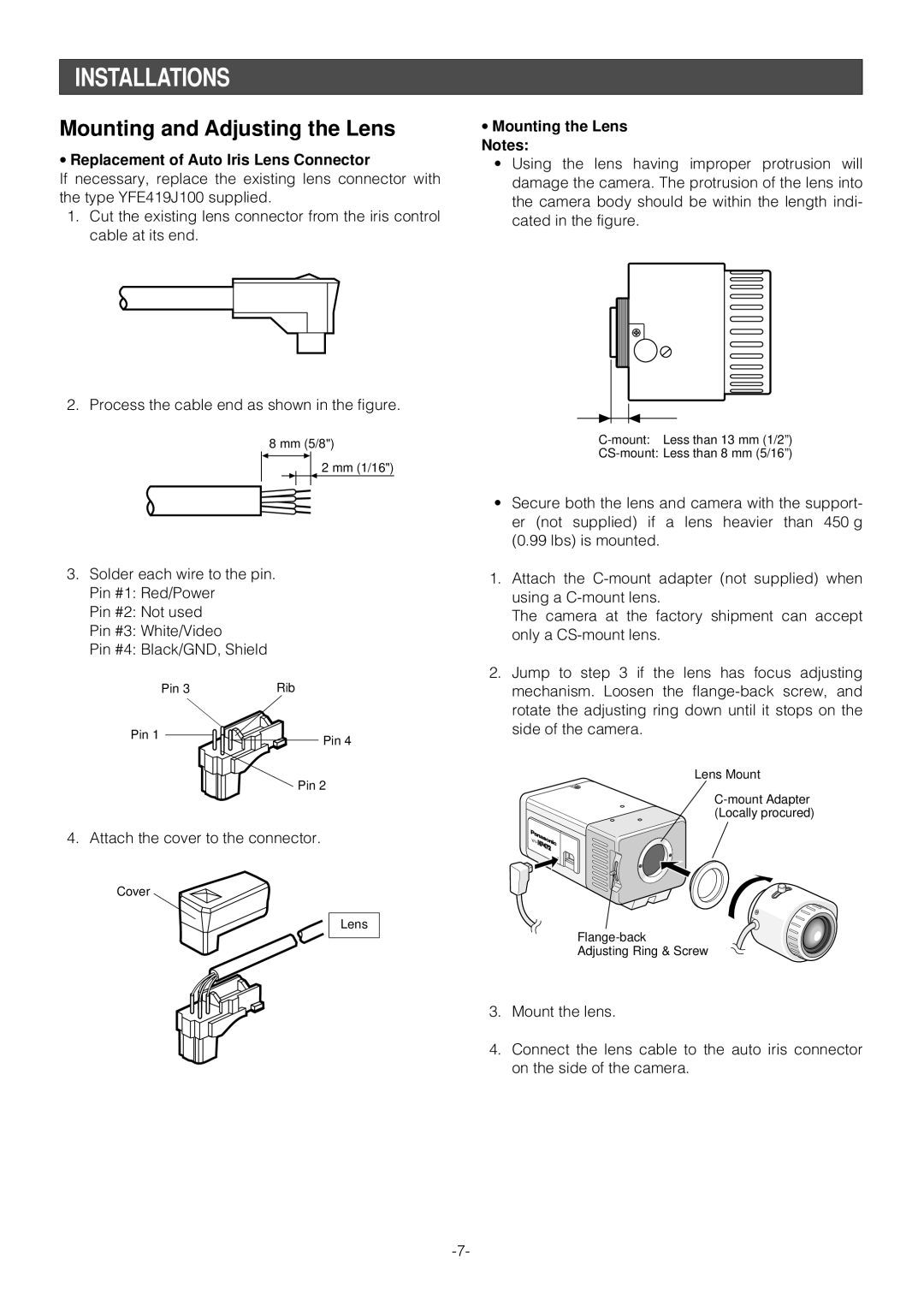 Panasonic WV-NP472E operating instructions Installations, Replacement of Auto Iris Lens Connector, Mounting the Lens Notes 