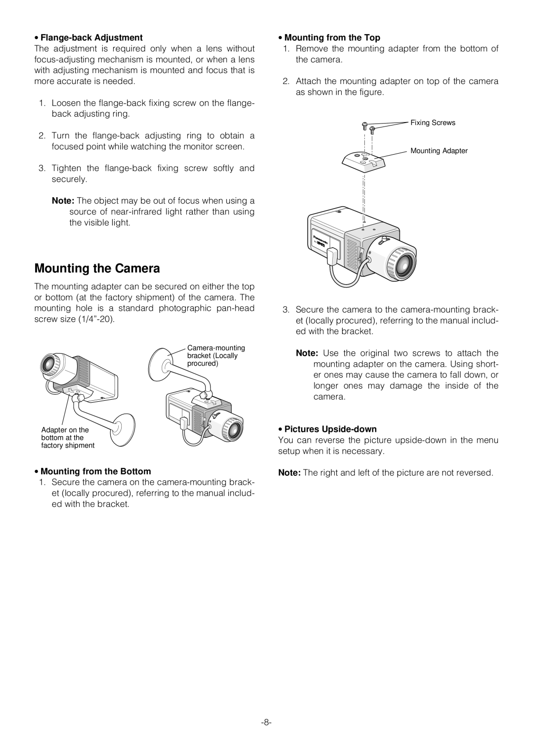 Panasonic WV-NP472E Flange-back Adjustment, Mounting from the Bottom, Mounting from the Top, Pictures Upside-down 