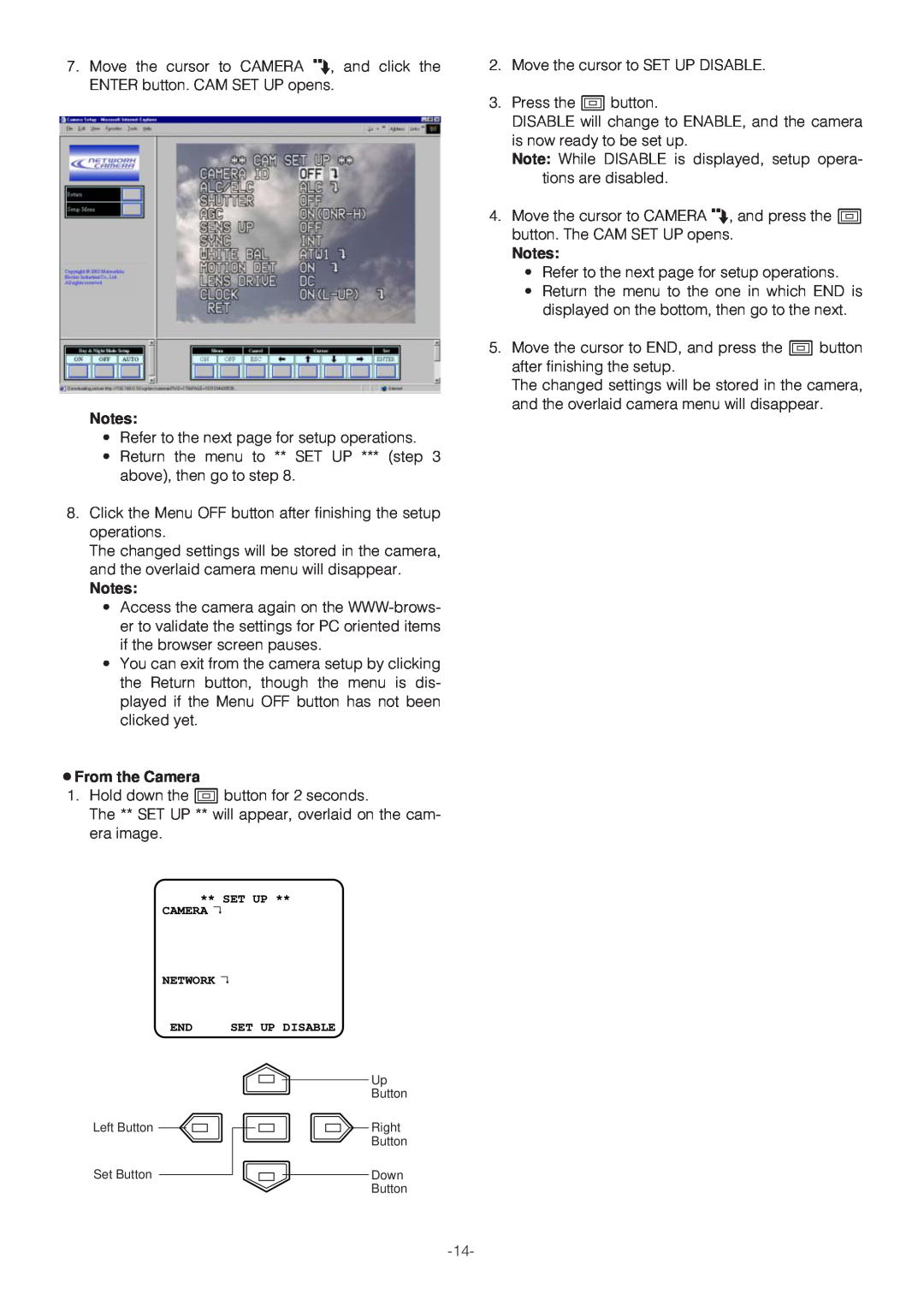 Panasonic WV-NP472E operating instructions ¡From the Camera, Network, Set Up Disable 