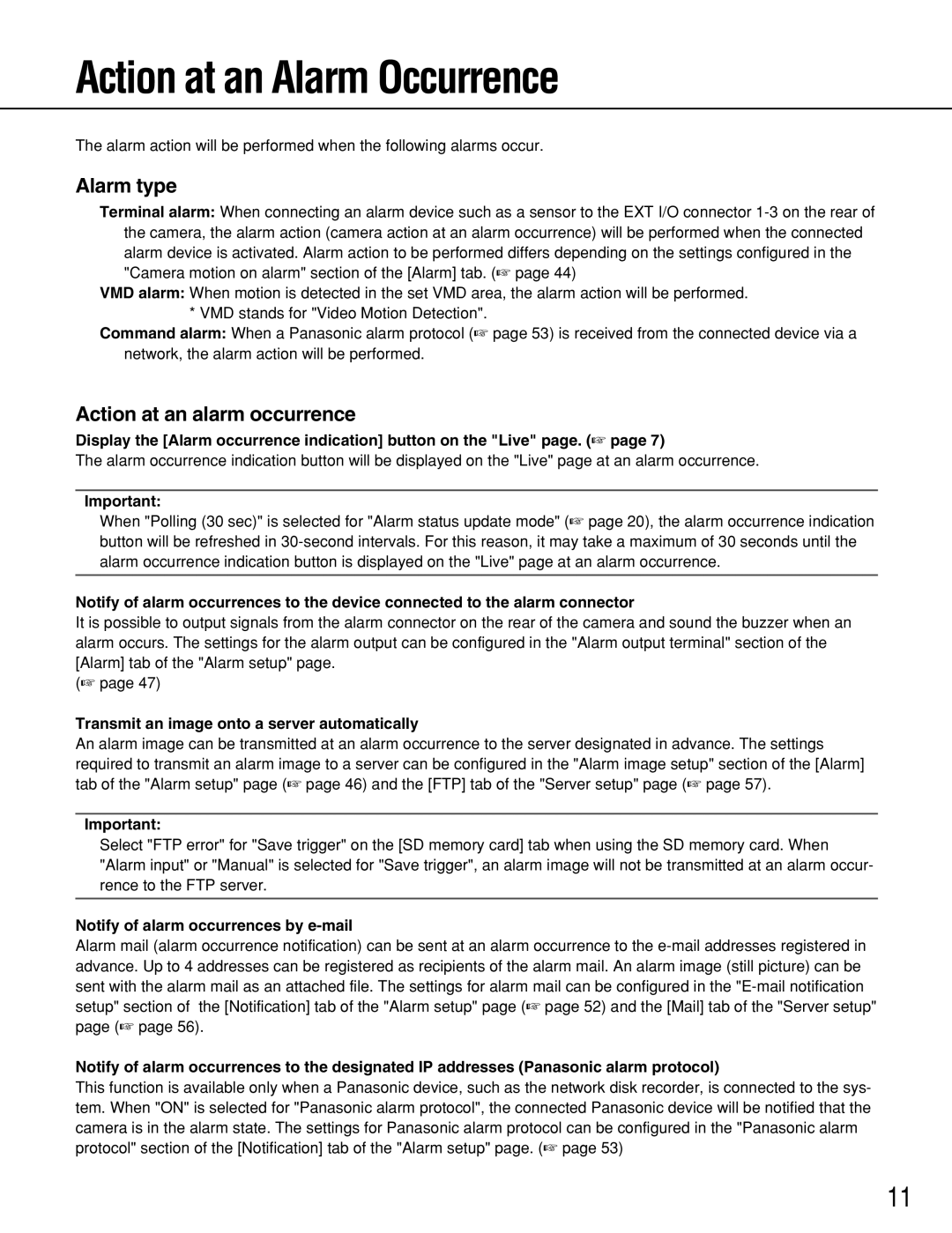 Panasonic WV-NS202 operating instructions Action at an Alarm Occurrence, Alarm type, Action at an alarm occurrence 