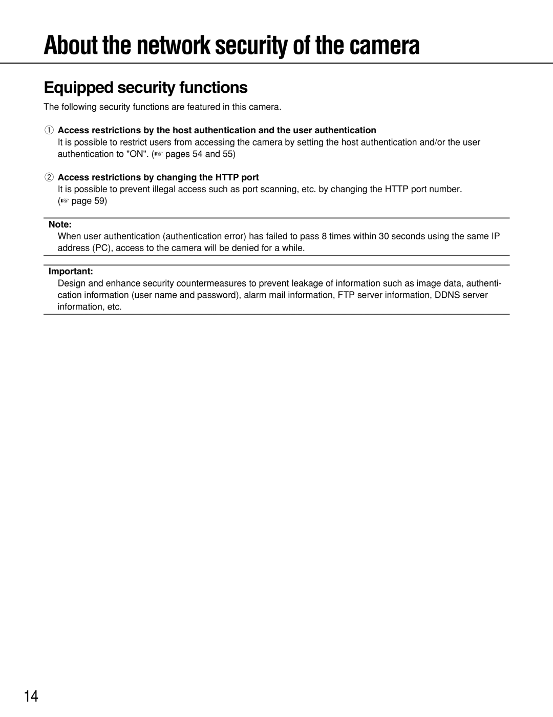 Panasonic WV-NS202 operating instructions About the network security of the camera, Equipped security functions 