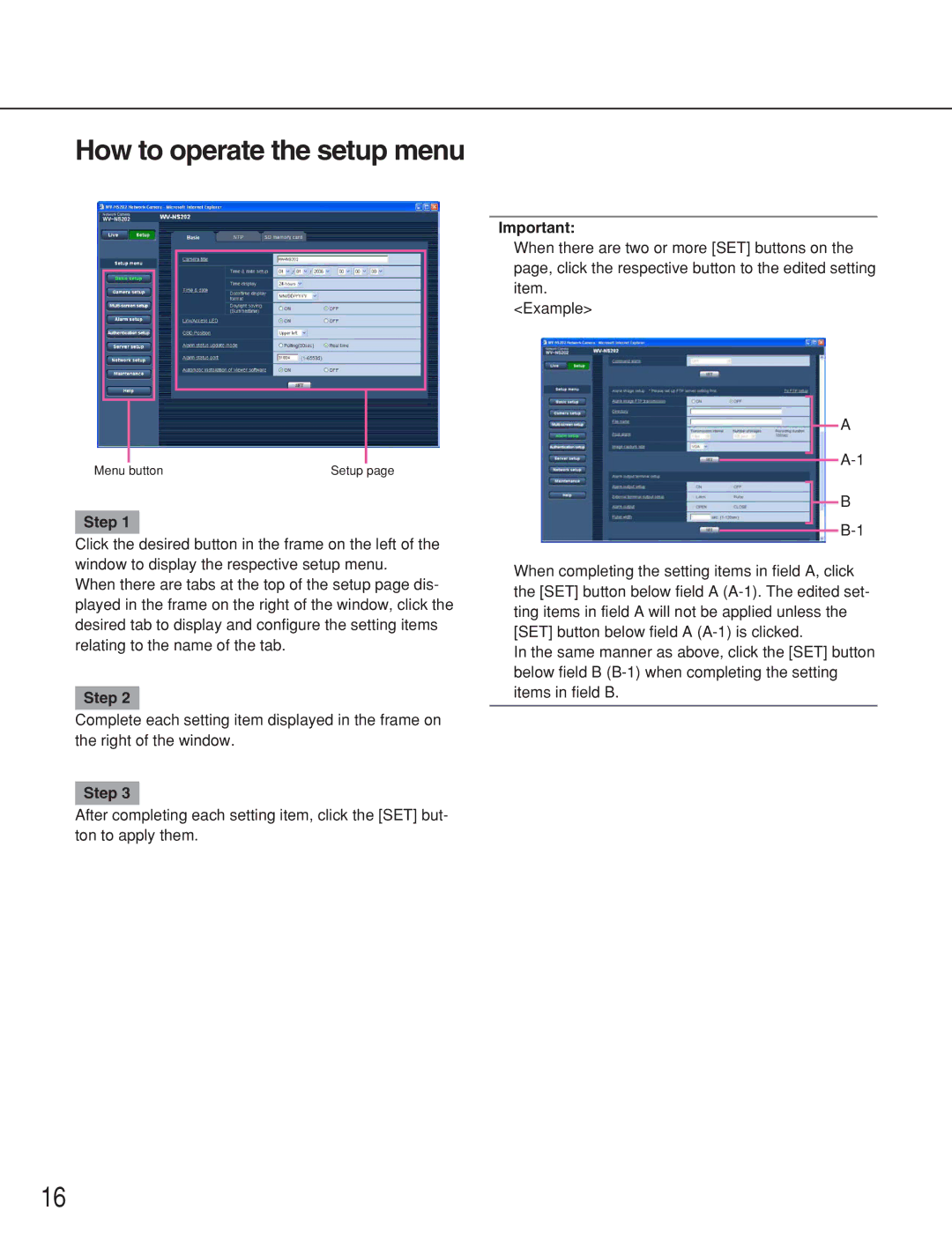 Panasonic WV-NS202 operating instructions How to operate the setup menu 