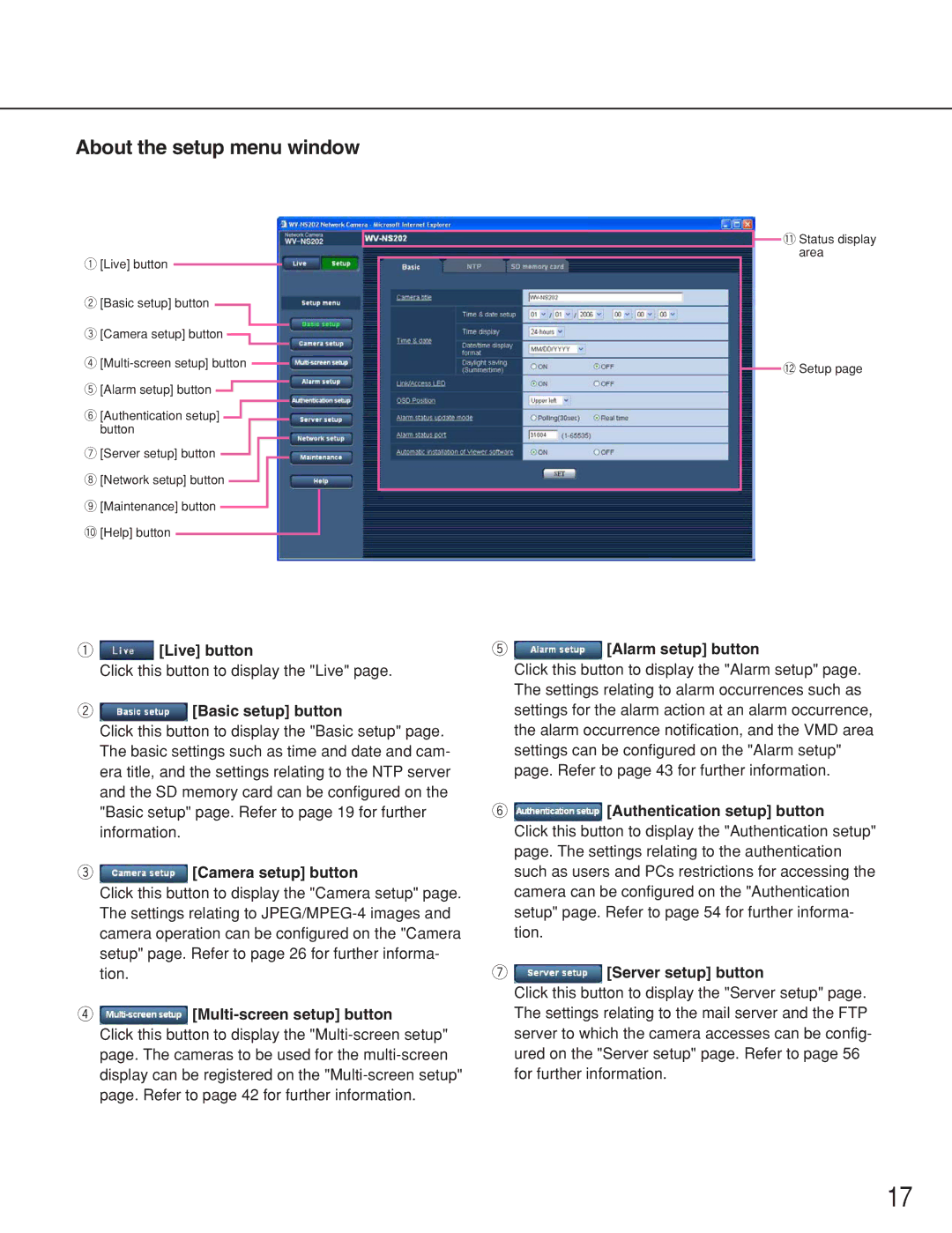 Panasonic WV-NS202 operating instructions About the setup menu window 