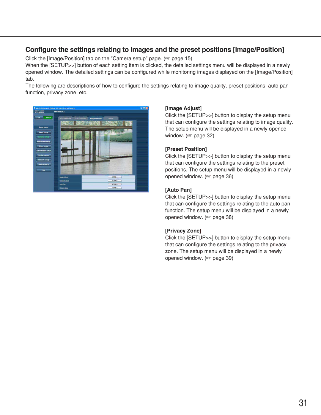 Panasonic WV-NS202 operating instructions Image Adjust, Preset Position, Auto Pan, Privacy Zone 