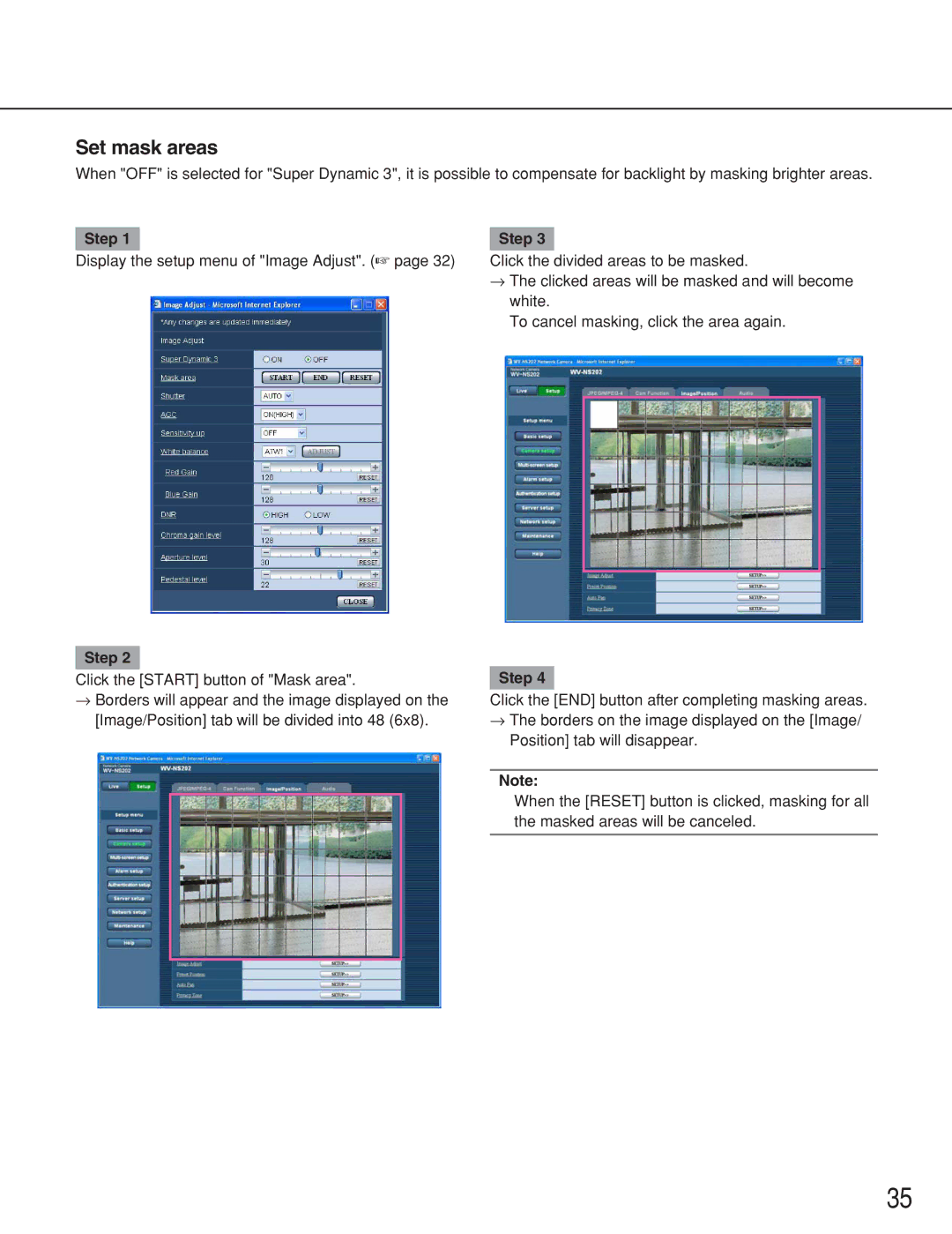 Panasonic WV-NS202 operating instructions Set mask areas, Step 