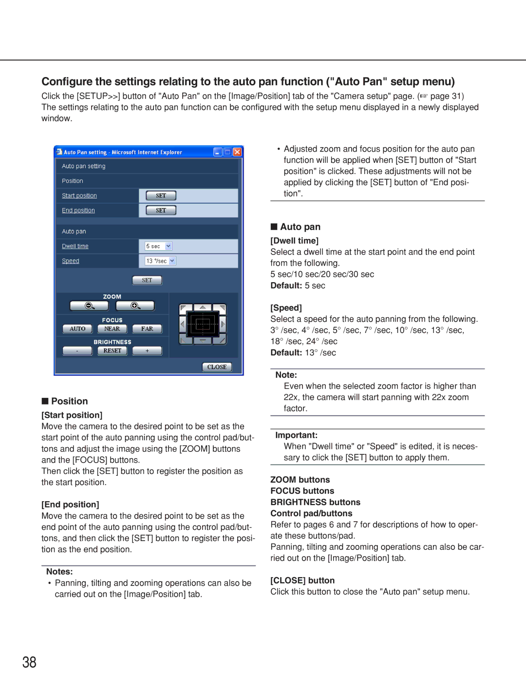 Panasonic WV-NS202 operating instructions Position, Auto pan 