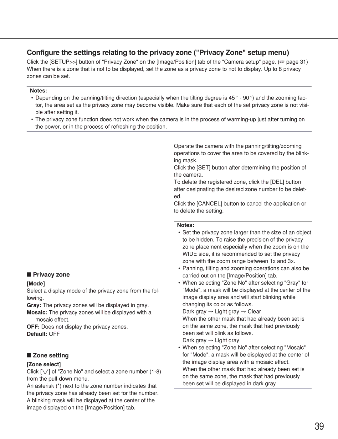 Panasonic WV-NS202 operating instructions Privacy zone, Zone setting, Mode, Zone select 