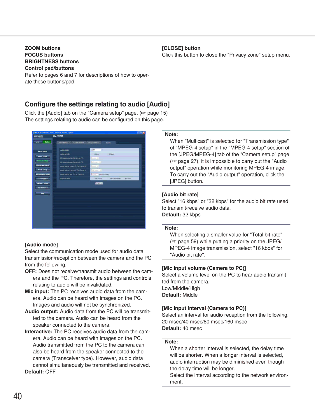 Panasonic WV-NS202 operating instructions Configure the settings relating to audio Audio 