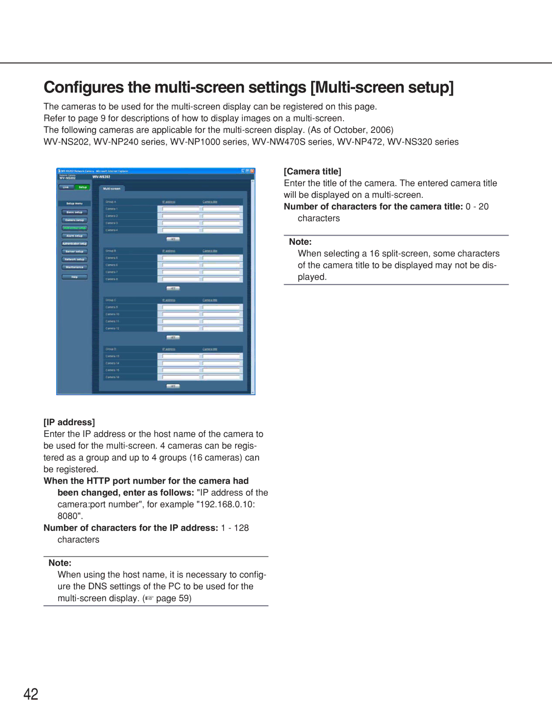 Panasonic WV-NS202 operating instructions Configures the multi-screen settings Multi-screen setup, IP address 