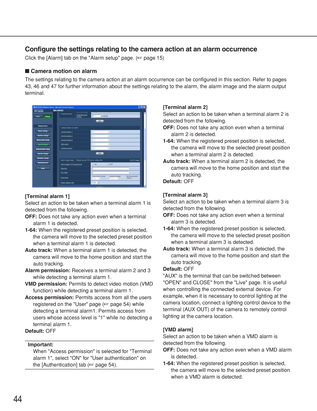 Panasonic WV-NS202 operating instructions Camera motion on alarm, Default OFF 