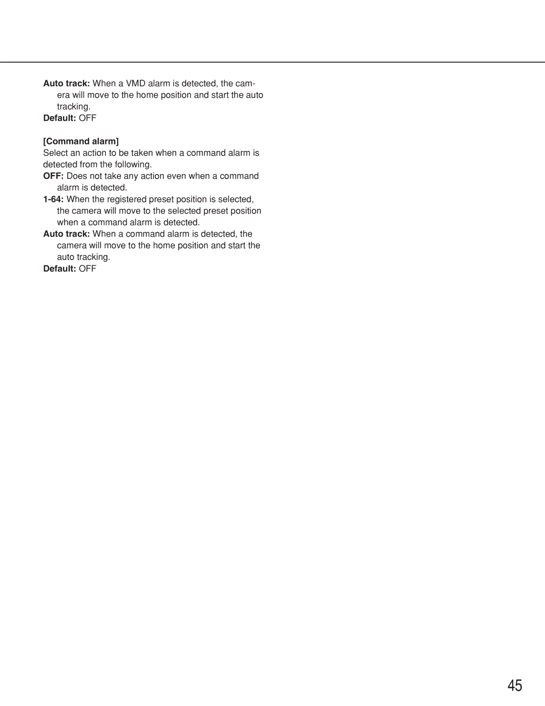 Panasonic WV-NS202 operating instructions Default OFF Command alarm 