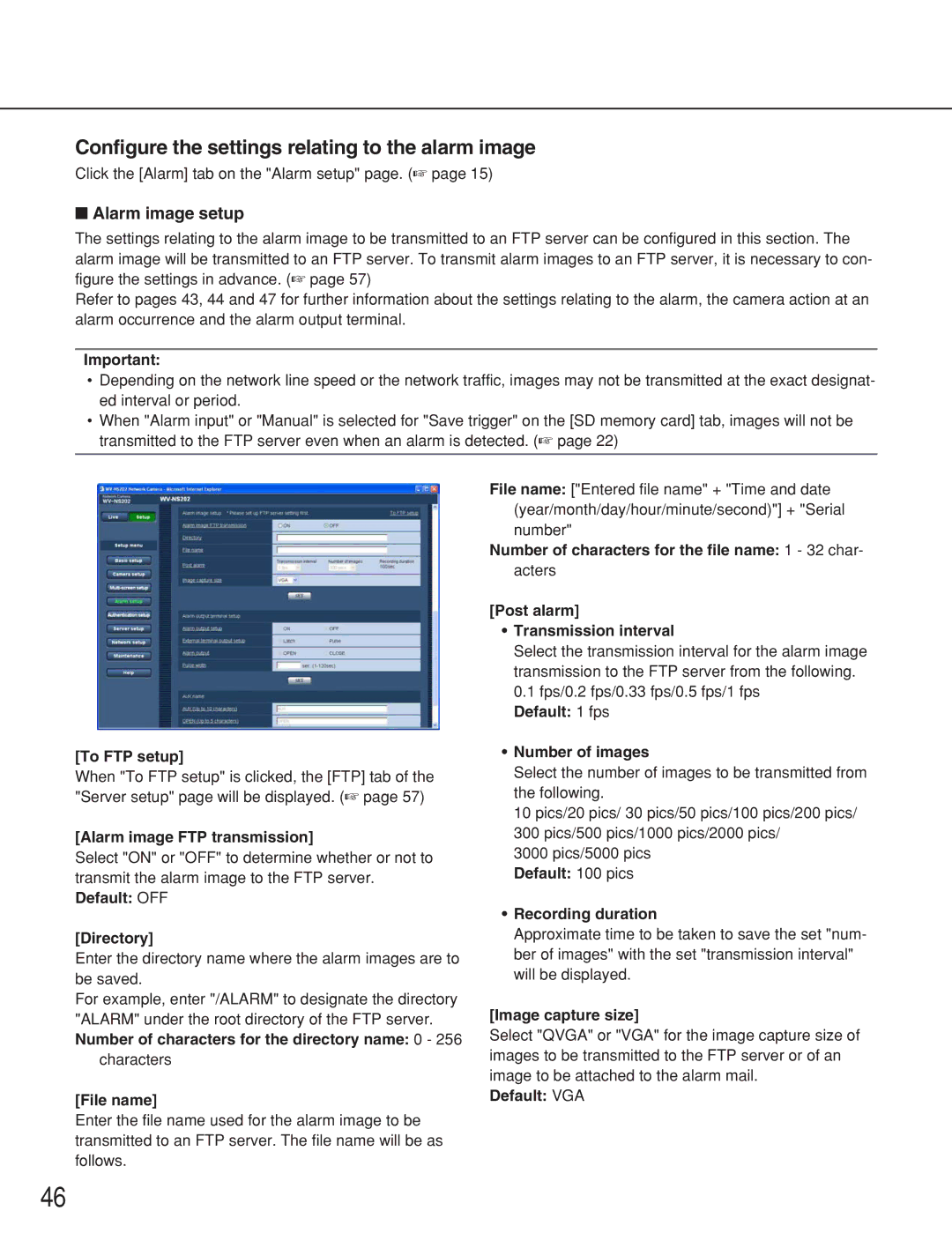 Panasonic WV-NS202 operating instructions Configure the settings relating to the alarm image, Alarm image setup 