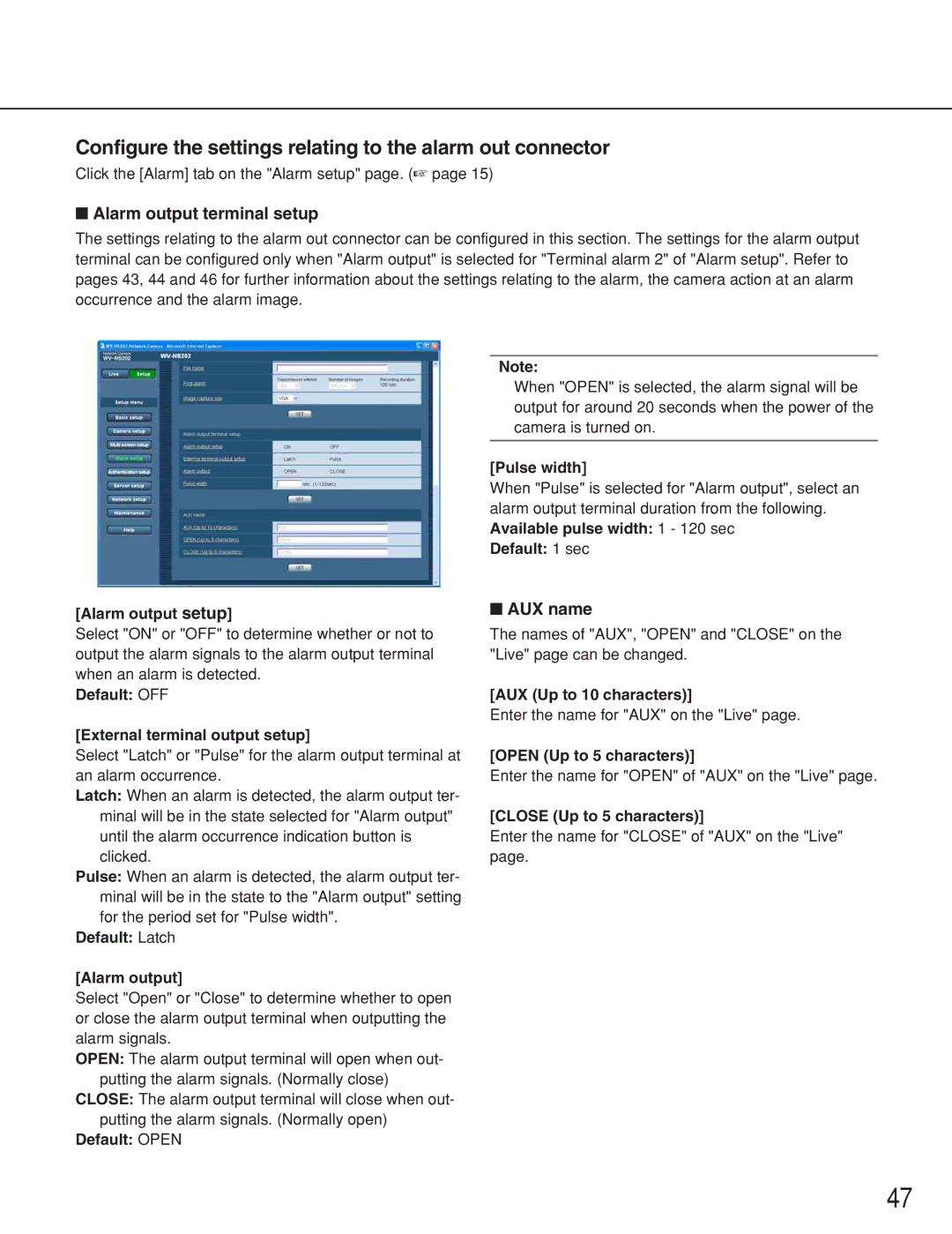 Panasonic WV-NS202 Configure the settings relating to the alarm out connector, Alarm output terminal setup, AUX name 