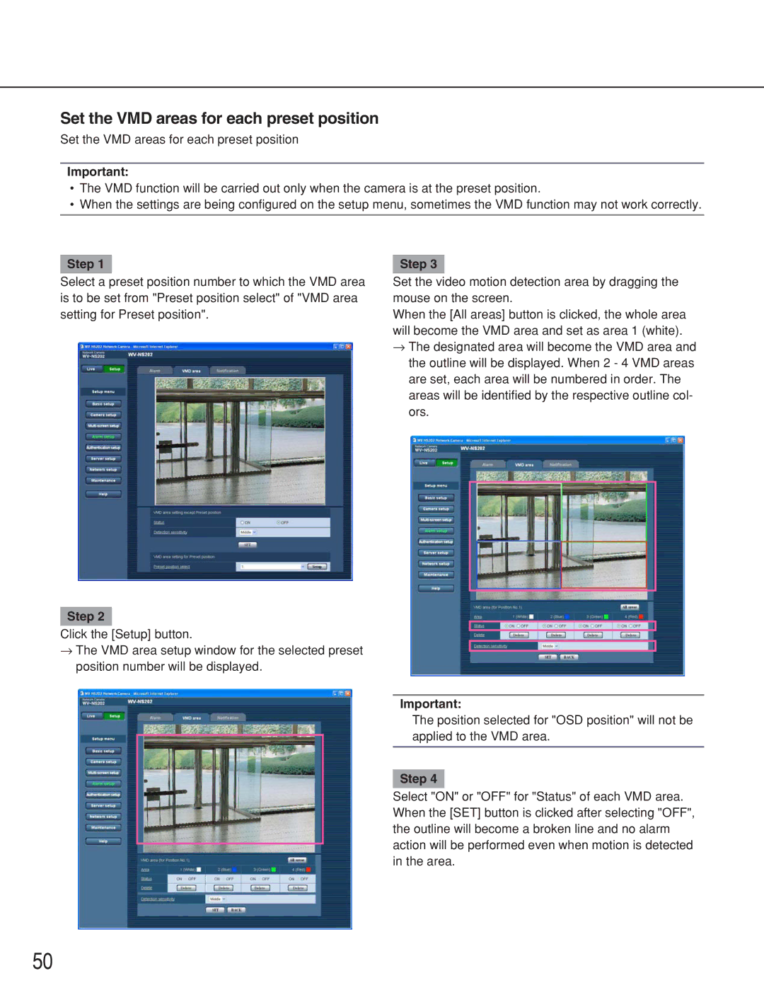 Panasonic WV-NS202 operating instructions Set the VMD areas for each preset position, Step 