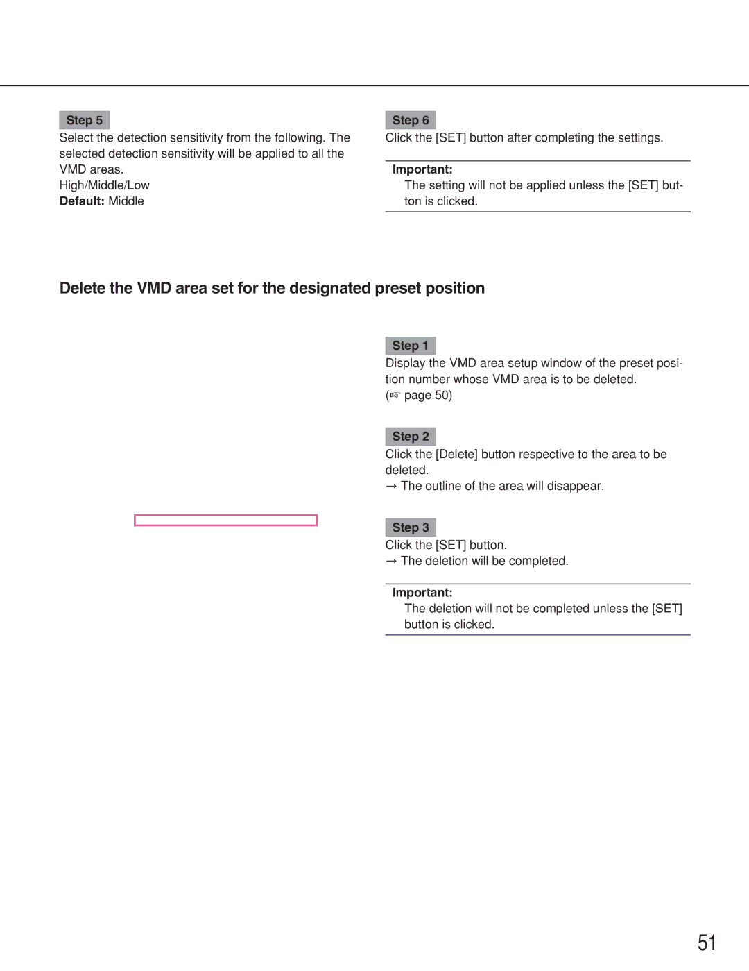 Panasonic WV-NS202 operating instructions Delete the VMD area set for the designated preset position, Default Middle Step 