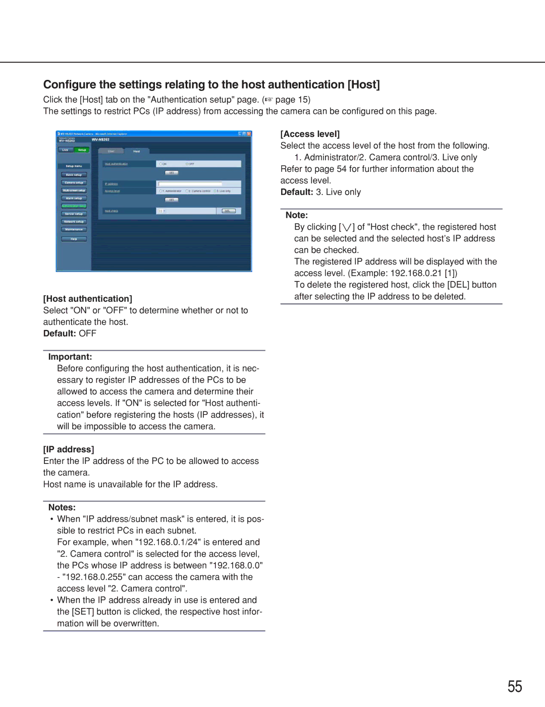 Panasonic WV-NS202 operating instructions Host authentication, Default OFF Access level 