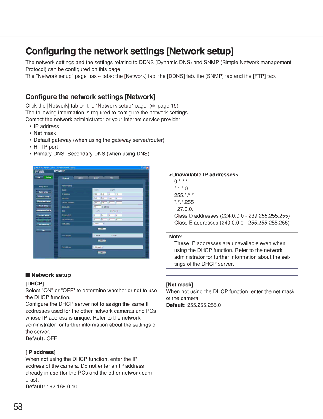 Panasonic WV-NS202 Configuring the network settings Network setup, Configure the network settings Network 