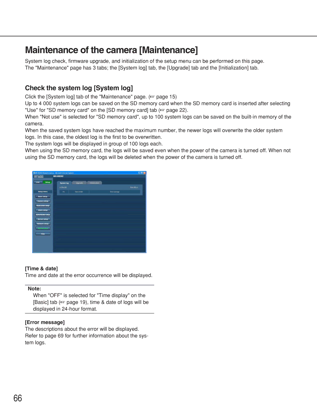 Panasonic WV-NS202 Maintenance of the camera Maintenance, Check the system log System log, Time & date, Error message 