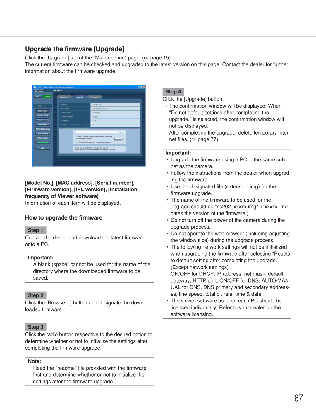 Panasonic WV-NS202 operating instructions Upgrade the firmware Upgrade, How to upgrade the firmware 