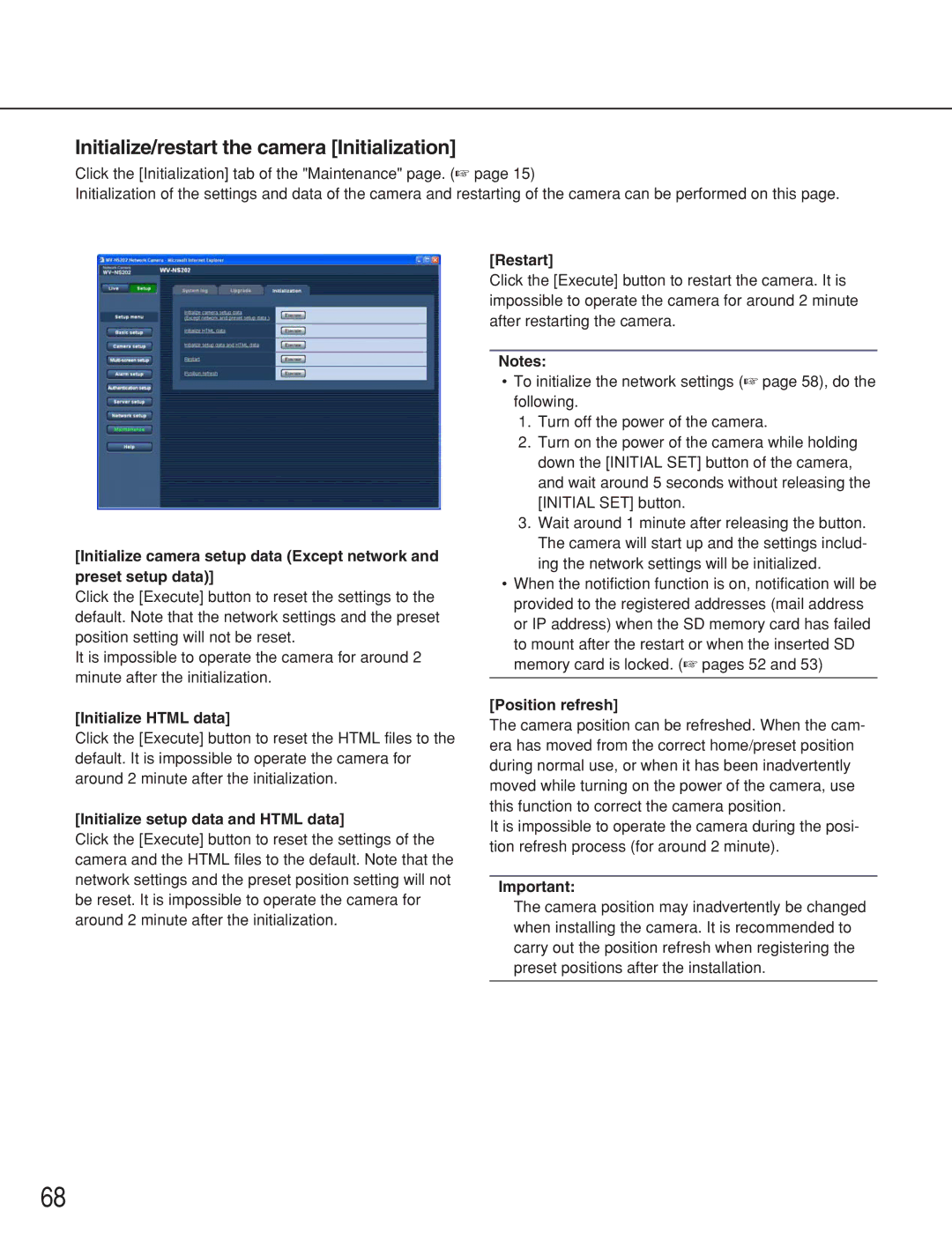 Panasonic WV-NS202 Initialize/restart the camera Initialization, Initialize Html data, Initialize setup data and Html data 