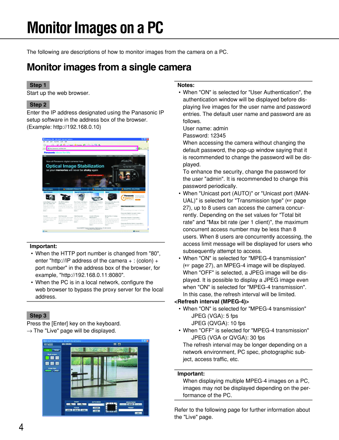 Panasonic WV-NS202 operating instructions Monitor Images on a PC, Step, Notes, <Refresh interval MPEG-4> 