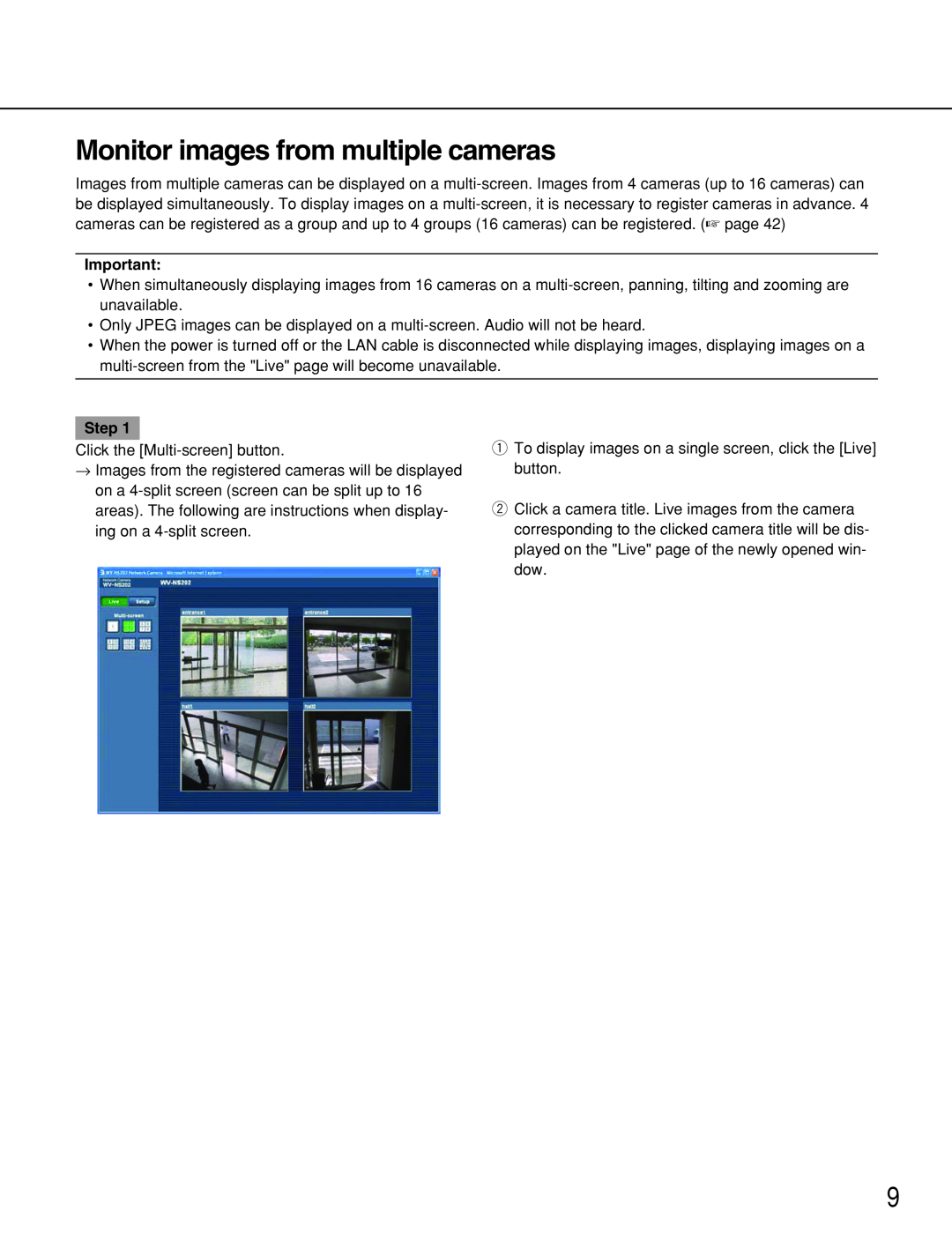 Panasonic WV-NS202 operating instructions Monitor images from multiple cameras, Step 